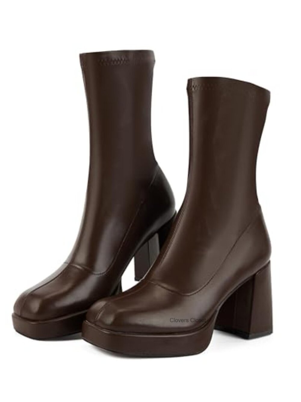 Women's Square Toe Chunky Heel Ankle Boots Faux Leather Pull-On Platform